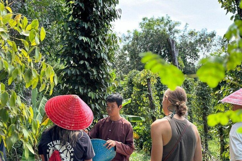 A group of people in a lush green environment, possibly a forest or garden, with dense foliage and trees. 3