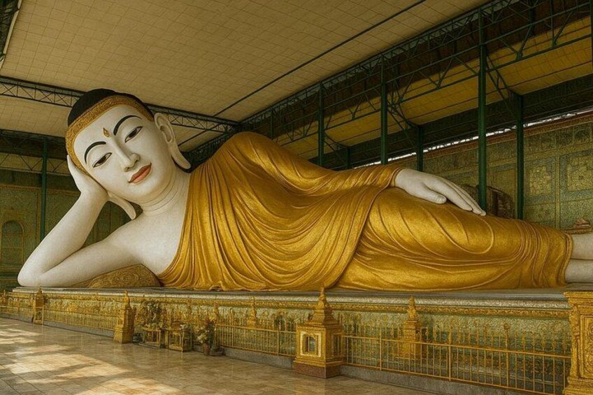 A large golden reclining Buddha statue in a temple. 5