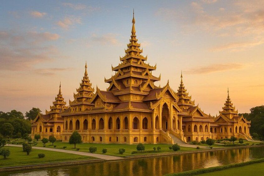 A large, ornate temple complex with multiple pagodas, surrounded by a well-maintained garden and a calm water body. 3