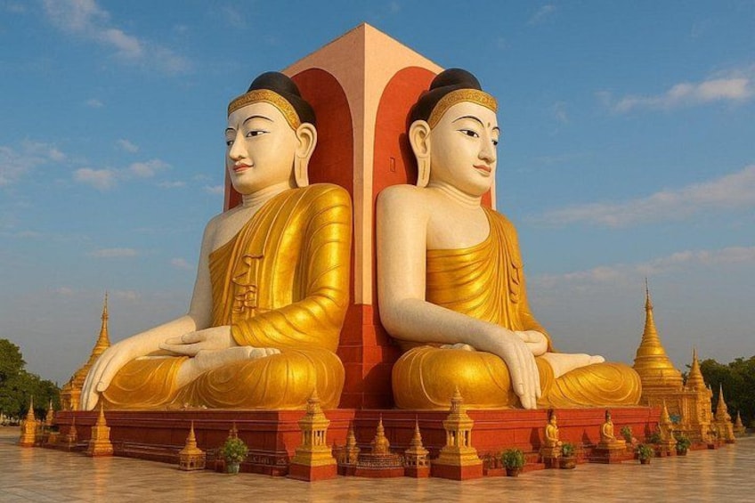 Two large golden Buddha statues seated on a platform with smaller golden stupas in the background. 1