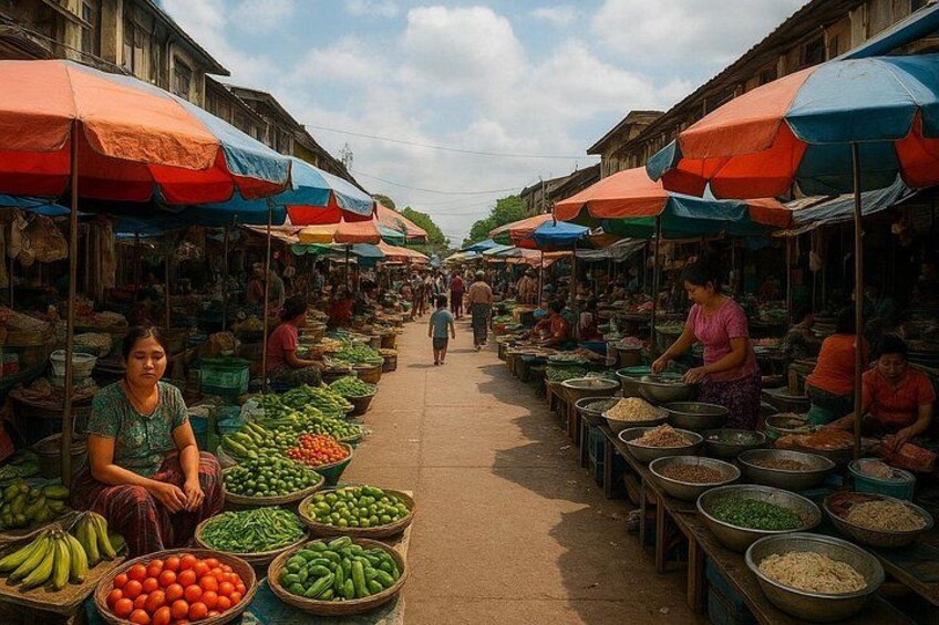 A bustling market with vendors selling fruits and vegetables under colorful umbrellas. 2