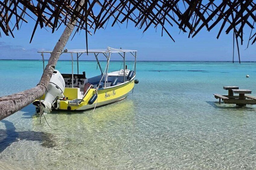 A yellow boat docked near a beach with clear turquoise water and a wooden picnic table. 1