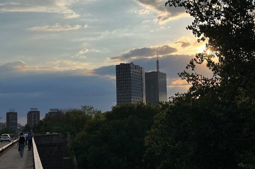 Eine Skyline mit hohen Gebäuden, einer Brücke und Bäumen unter einem bewölkten Himmel. 2