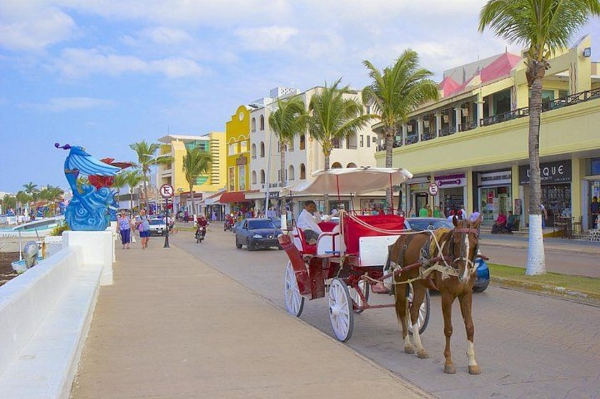 A street with a horse-drawn carriage, palm trees, and colorful buildings. 4