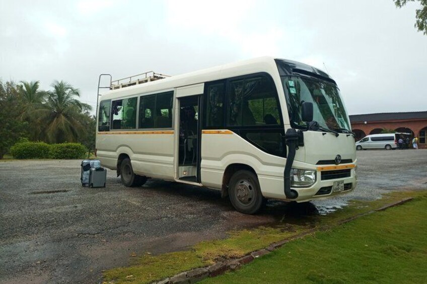 A white bus with a ladder on the roof parked on a wet road with grass and palm trees in the background. 3