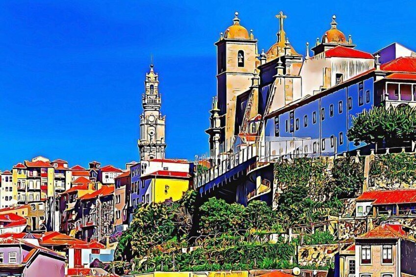 Un paisaje urbano colorido con una imponente torre de iglesia, un puente y diversos edificios. 4