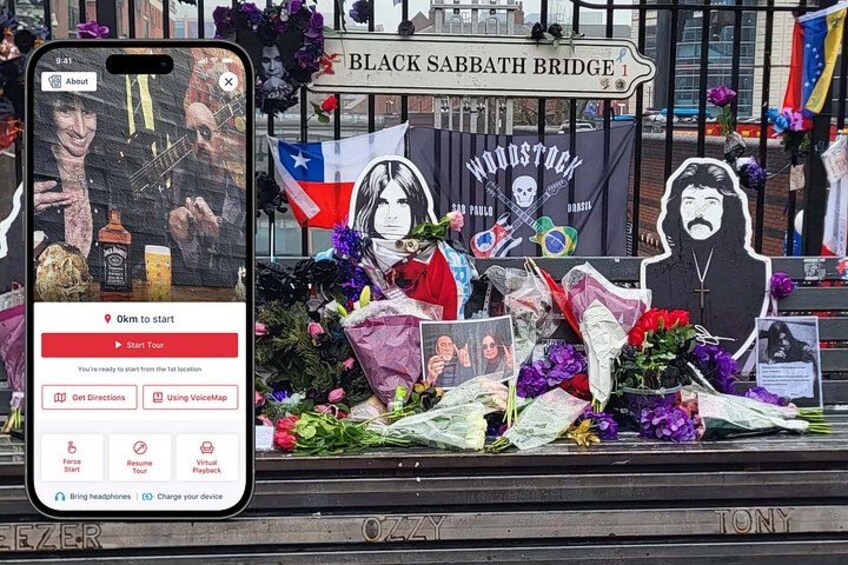 A smartphone displaying a map with a location marker, a memorial with flowers, and a banner reading 'BLACK SABBATH BRIDGE'. 1