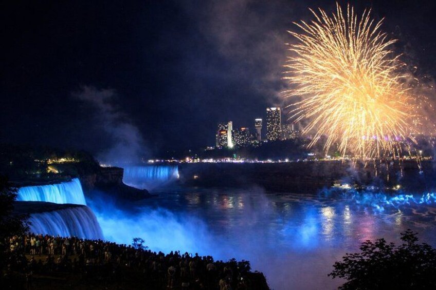 A waterfall, a city skyline, and fireworks. 5