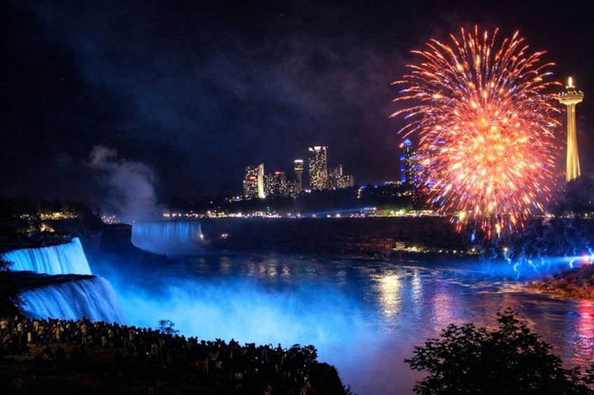 A waterfall, a city skyline, and fireworks. 4
