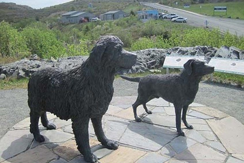 Two dog statues on a stone pavement with a road and buildings in the background. 2