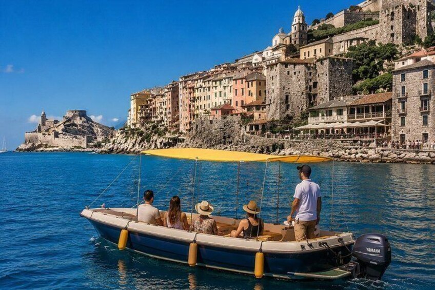 A boat with passengers on a calm sea, a yellow canopy, and a historic town with colorful buildings in the background. 3
