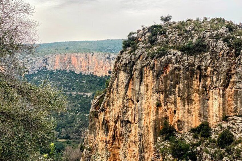 A rugged cliff with a forested top and a valley below. 5