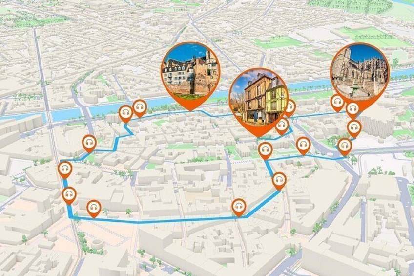 A city map with highlighted landmarks and a river. 5