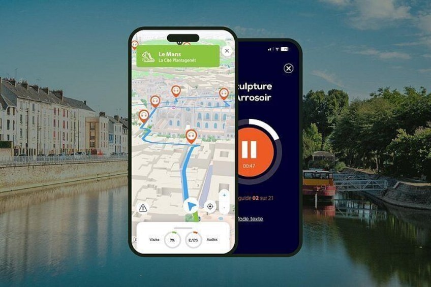 A smartphone displaying a map with a route marked by orange pins, a play button, and a guide number. 1