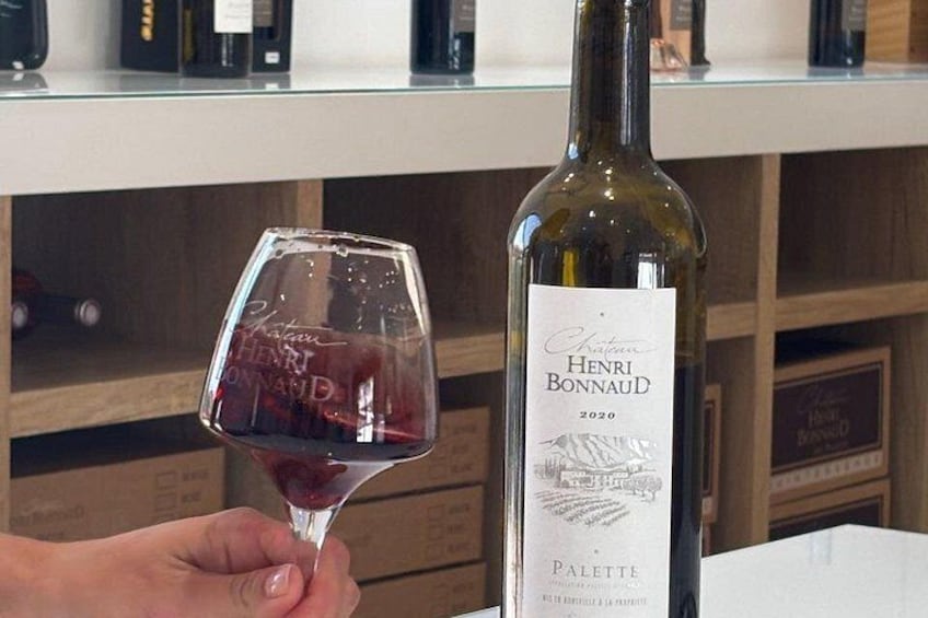 A hand holding a wine glass next to a bottle of Henri Bonneaud 2020 wine. 2
