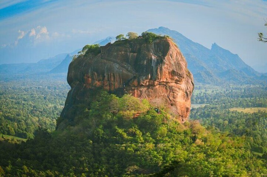 A large rock formation with a small tree on top, surrounded by dense green forest and mountains in the background. 1