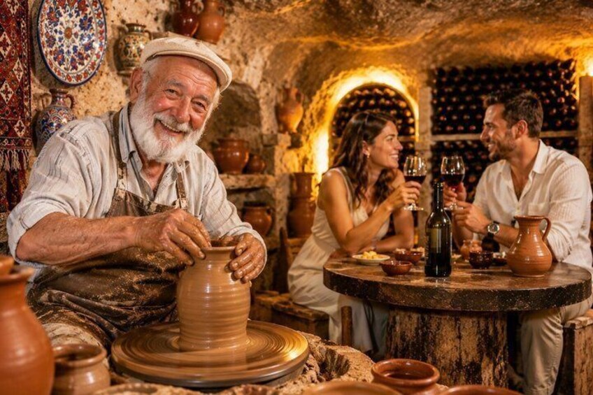 An artisan pottery workshop with a man shaping clay on a wheel, a woman and a man sitting at a table with wine glasses. 1