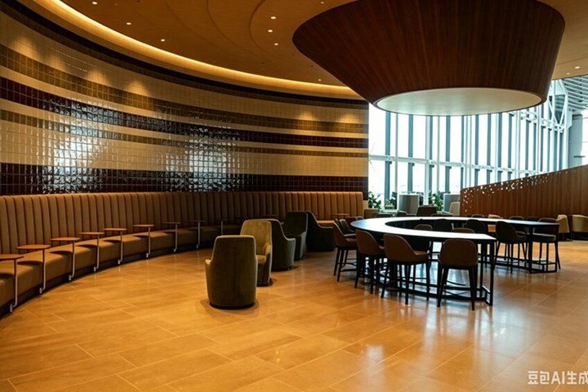 A modern interior with a curved seating area, a round table, and a wooden ceiling. 2