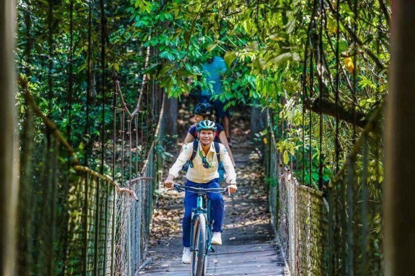 A person riding a bicycle on a wooden bridge surrounded by dense foliage. 5
