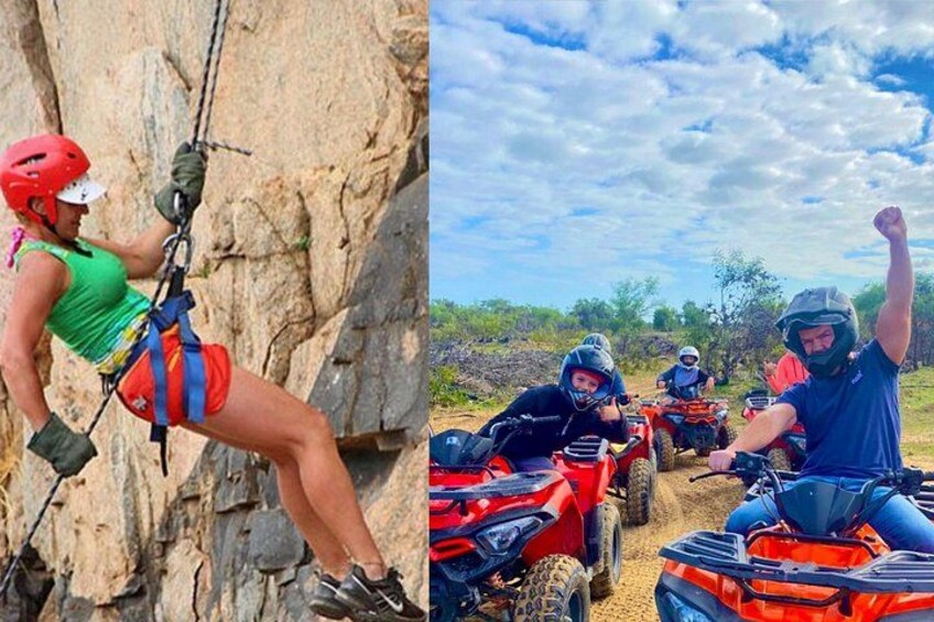 A person rock climbing and another person riding an ATV. 1