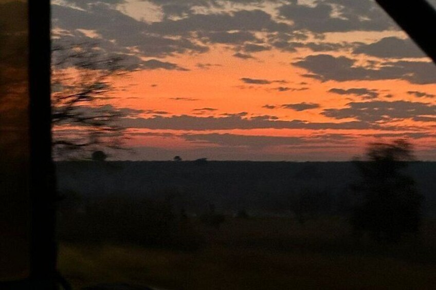 A sunset with a sky filled with orange and red hues, a silhouette of a tree, and a distant horizon. 3