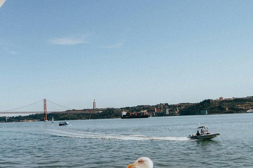 A bridge, a boat, and a coastline with buildings. 3