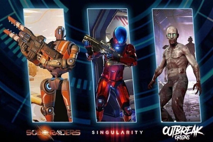 Three characters in futuristic armor, with the words 'SOLIDARITY,' 'SINGULARITY,' and 'OUTBREAK ORIGINS' visible. 5