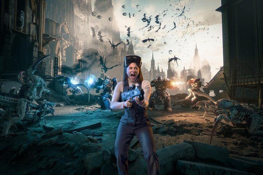 A dystopian cityscape with a character holding a weapon amidst ruins and flying creatures. 3