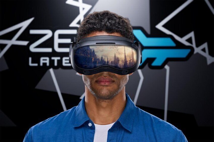 A person wearing a virtual reality headset with a cityscape reflected on the lenses. 2