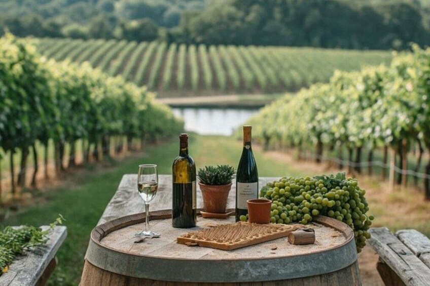 A vineyard with rows of grapevines, a wooden barrel, a wine bottle, a glass, and a small potted plant on a table. 1