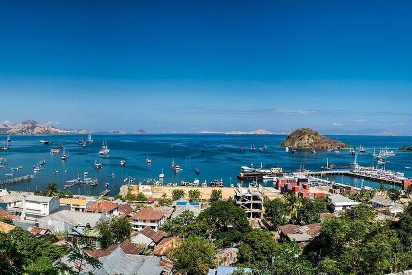 Un pueblo costero con un puerto deportivo, barcos y una colina destacada al fondo. 1