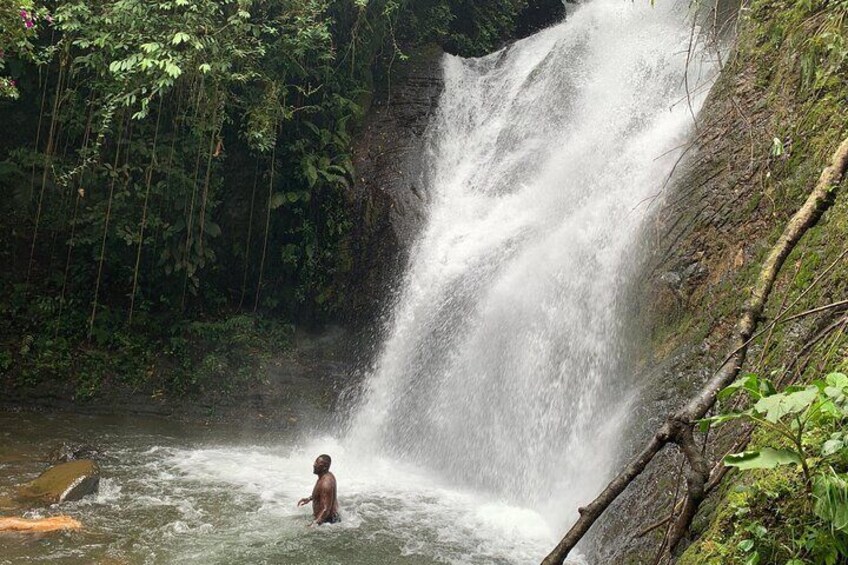 A waterfall in a forested area with a person standing in the water. 1