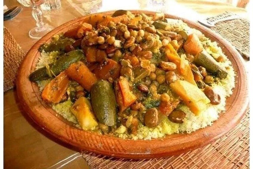 A traditional Moroccan tagine dish with vegetables and chickpeas. 5