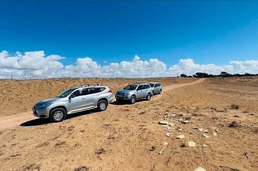 Two cars parked on a dirt road in a desert landscape with clear skies. 4