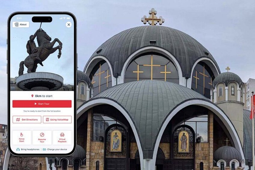 A smartphone displaying a tour app interface with a statue and a church with domes. 1
