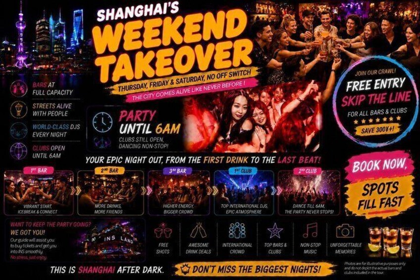 A vibrant nightlife scene in Shanghai with a party until 6 AM, featuring full bars, a world-class DJ, and clubs open until 6 AM. 2