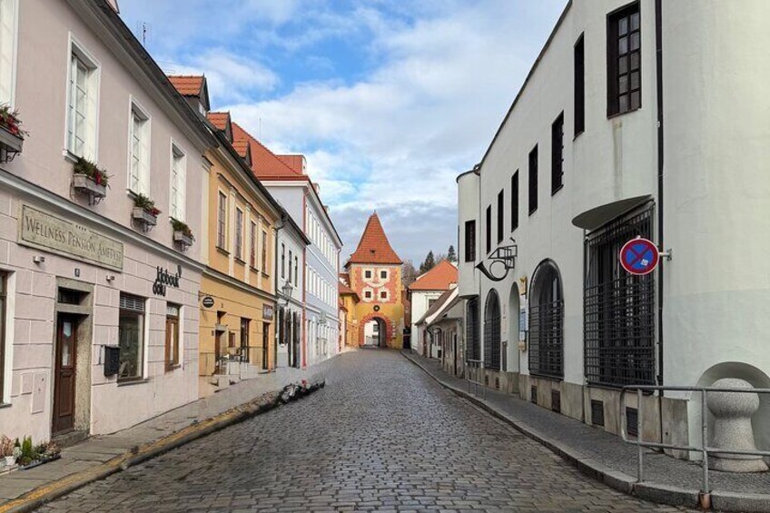 A cobblestone street lined with historic buildings, a church tower, and a no parking sign. 3