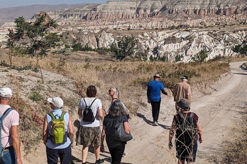 Un grupo de personas caminando por un sendero de tierra con un paisaje rocoso al fondo. 1