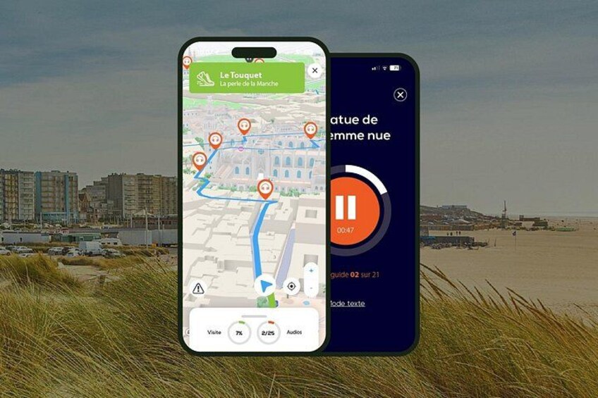 A smartphone displaying a map with a route marked by orange pins, a beach in the background, and a cityscape with buildings. 1