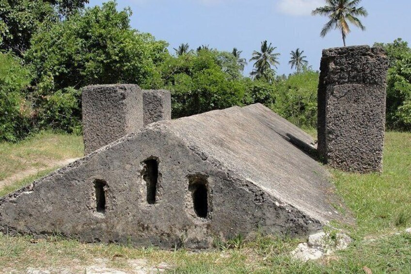A concrete structure with three openings, surrounded by grass and palm trees. 2