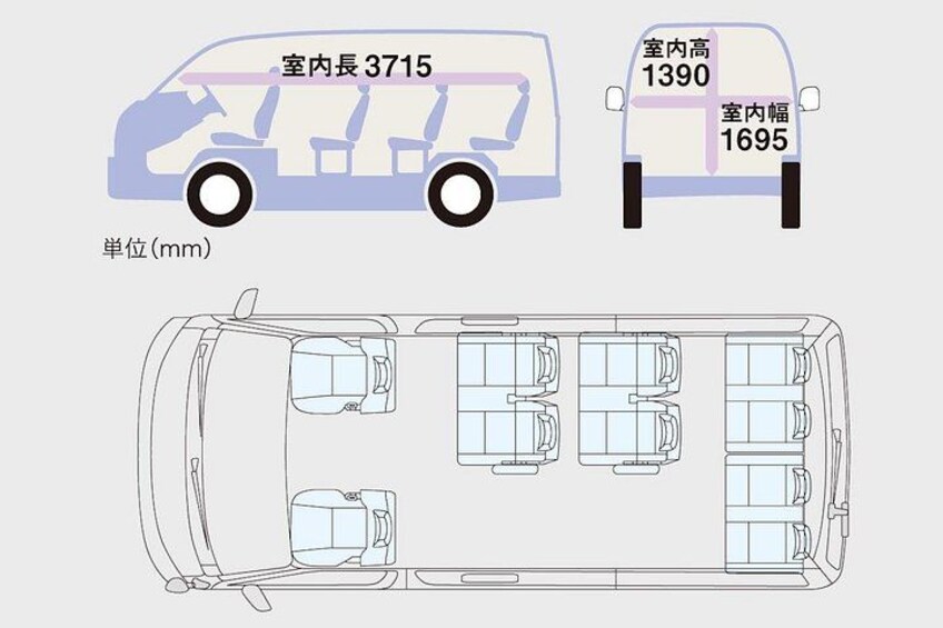 A bus interior with a length of 3715 mm, a height of 1390 mm, and a width of 1695 mm. 3