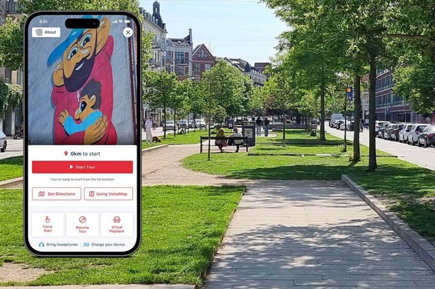 A smartphone displaying a map application with a park and a bench in the background. 1