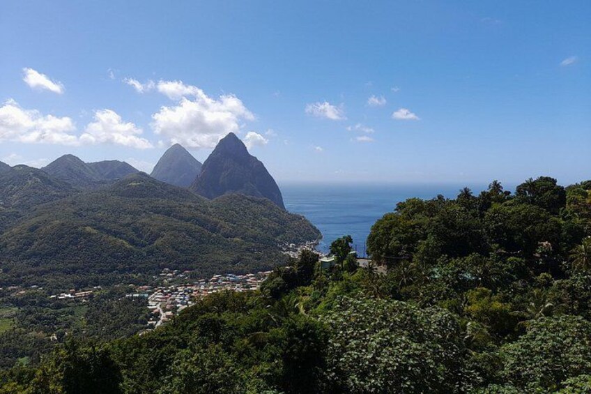 A mountainous landscape with a coastal view, dense forest, and a small town. 4