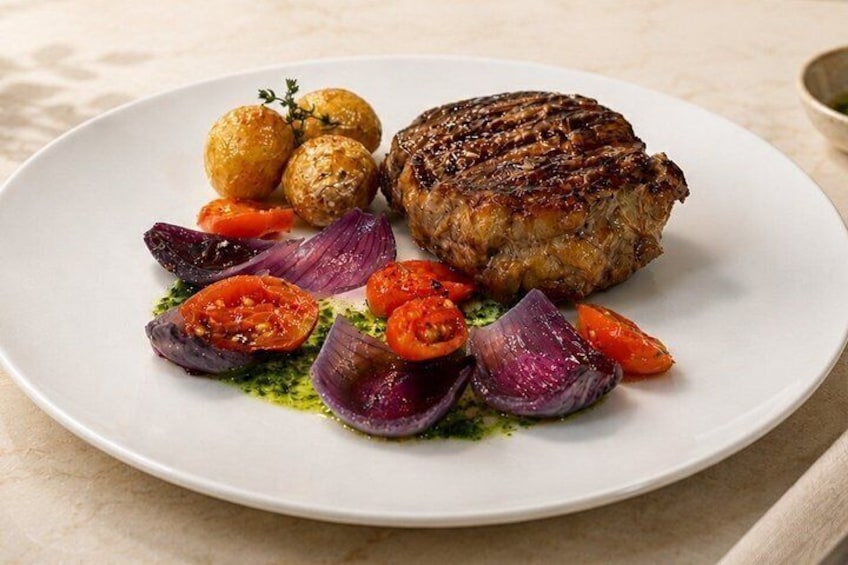 A plate with grilled meat, roasted potatoes, and a side of sliced tomatoes and red onions. 1