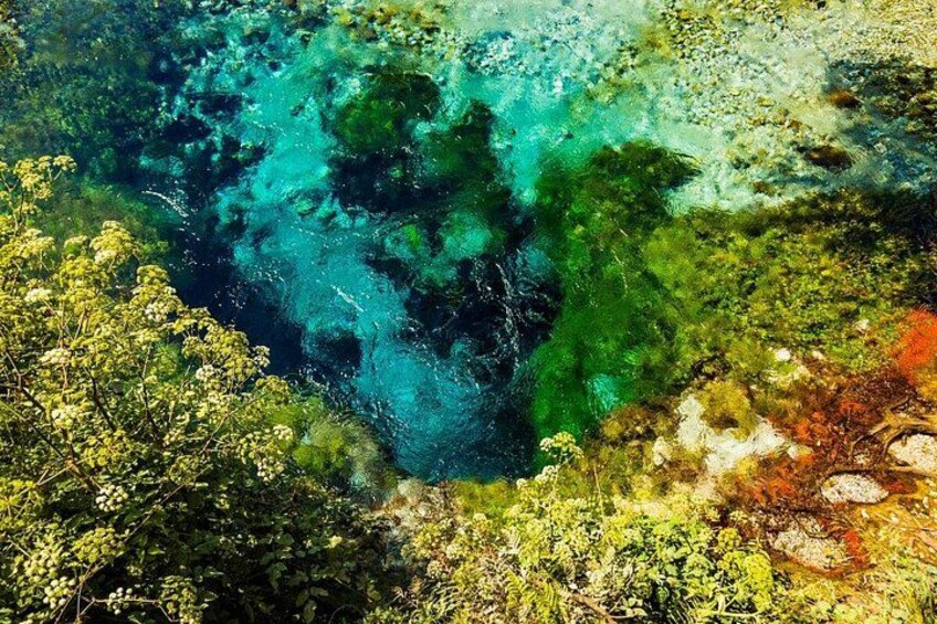 A clear blue water body surrounded by greenery. 2
