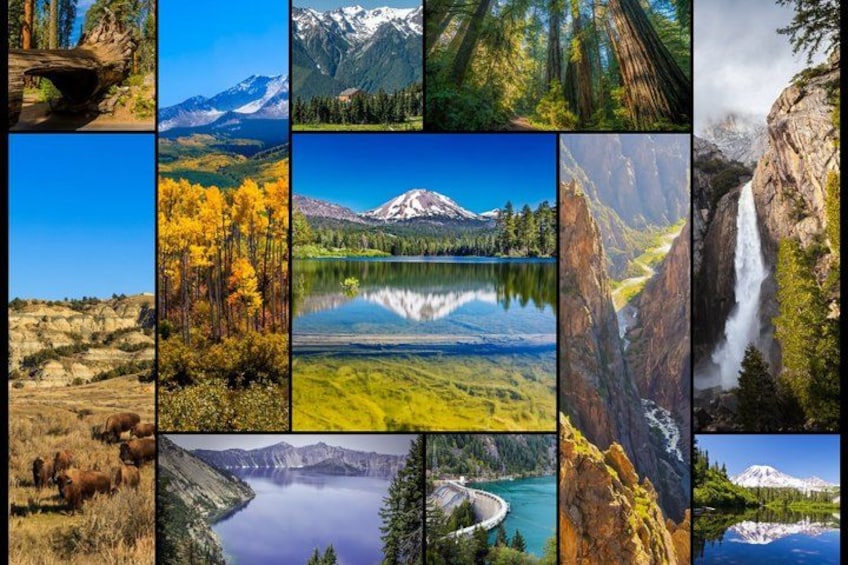 Un collage con diversos paisajes, incluyendo montañas, bosques, cascadas y lagos. 1