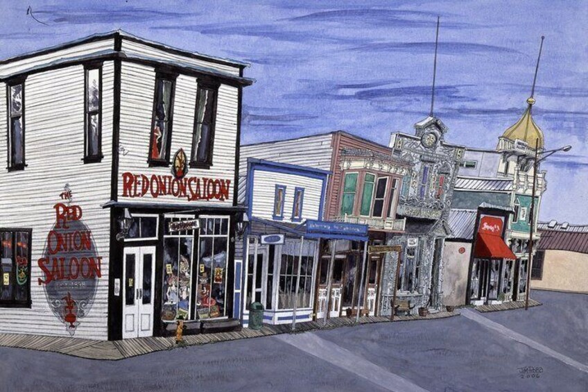 En gade med bygninger, herunder 'The Red Onion Saloon' og 'Red Onion Saloon'. 2