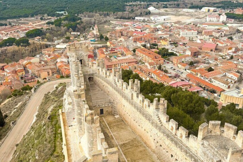 A medieval castle with a large central tower, surrounded by a fortified wall, in a town with red-roofed buildings. 5