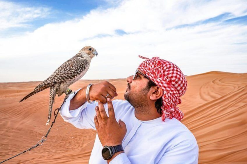 A person in traditional attire with a falcon perched on their arm in a desert landscape. 4