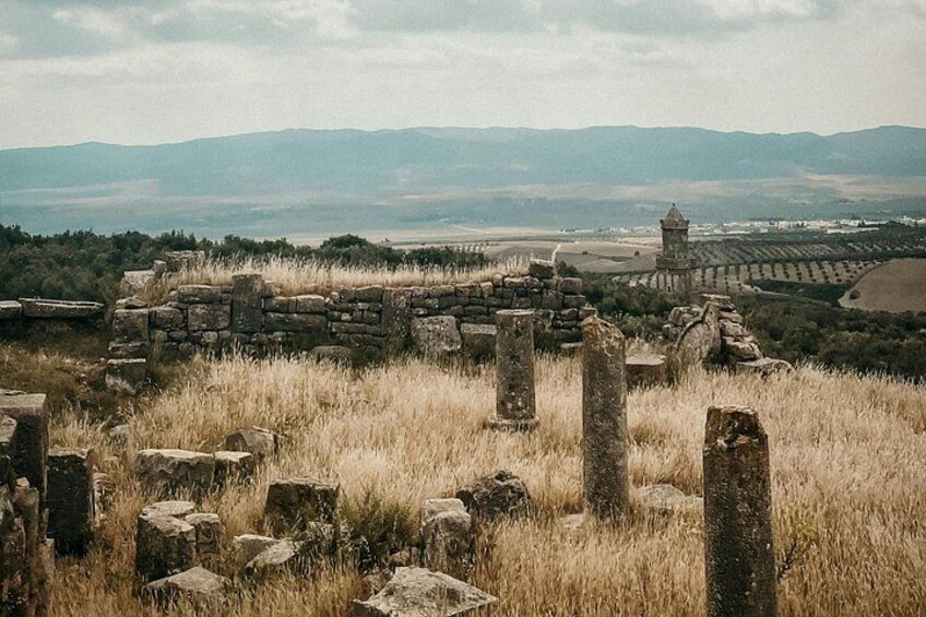 Ancient stone ruins with a tower in the distance. 5